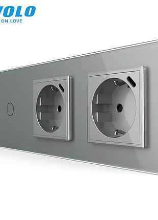 Сенсорный диммер с двумя розетками usb type-c 18вт 16a 230v стекло серый livolo rem-1509