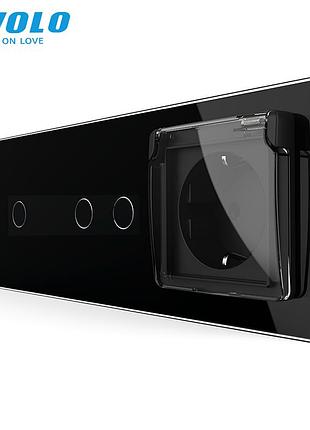Проходной сенсорный выключатель 3 сенсора с розеткой ip44 для дома черное стекло livolo rem-1419