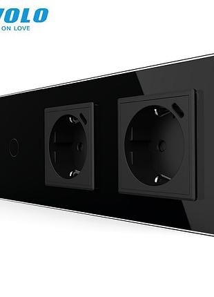 Проходной сенсорный выключатель с двумя розетками и usb type-c 18 вт черный стекло livolo rem-1399