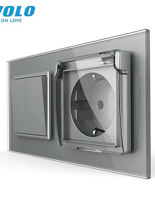 Выключатель двойной с розеткой без фиксации ip44 1600 вт стекло серое livolo rem-872