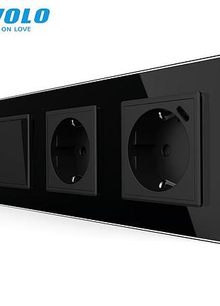Перекрёстный выключатель с розеткой и usb type-c 18 вт заземление чёрное стекло livolo rem-670