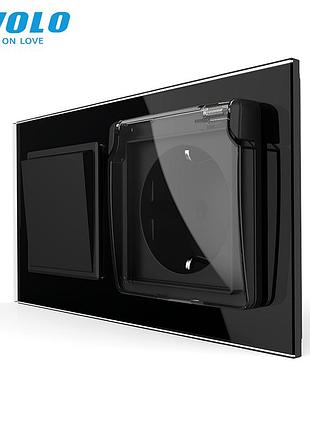 Выключатель с розеткой проходной ip44 заземление 1600 вт стекло черное livolo rem-782
