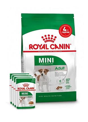 Акція royal canin mini adult набір кормів для собак малих порід 2 кг + 4 паучі