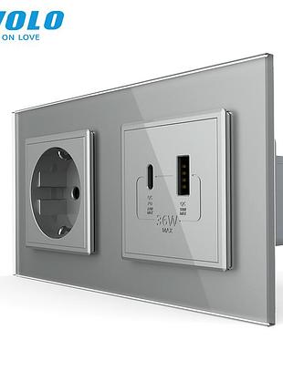 Розетка с usb-a и usb-c power delivery 36w встроенная 2 поста стекло серая livolo rem-1625