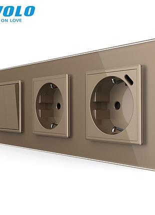 Вимикач 2-клавішний з розеткою й usb type-c для дому золото livolo rem-834