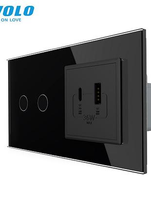 Сенсорний прохідний подвійний вимикач з usb a usb c 36 вт для дому чорний скло livolo rem-983