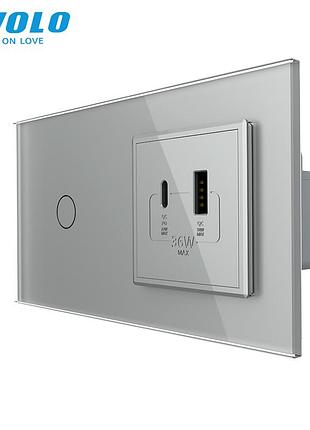 Сенсорный проходной выключатель с usb-a и usb-c 36вт для дома серый стекло livolo rem-1390