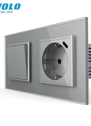 Двойной выключатель с usb type-c 18 вт проходной для дома 2 клавиши стекло серый livolo rem-821