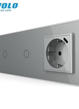 Сенсорный выключатель 2 сенсора с розеткой usb type-c 18вт для дома стекло серый livolo rem-1605