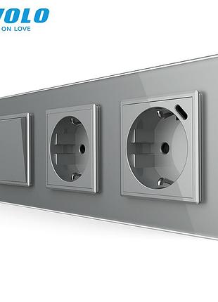 Выключатель с розеткой и usb type-c 18 вт проходной 1 клавиша серый стекло livolo rem-785