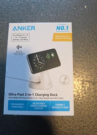 Зарядное устройство anker maggo qi2 15w wireless charger 2-in-1 dock stand for iphone 12-17 series - white