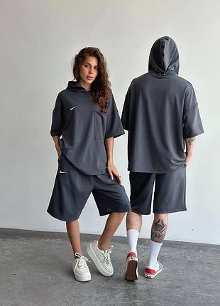 Парный спорт костюм (футболка с капюшоном+шорты) 48 - 50, графит