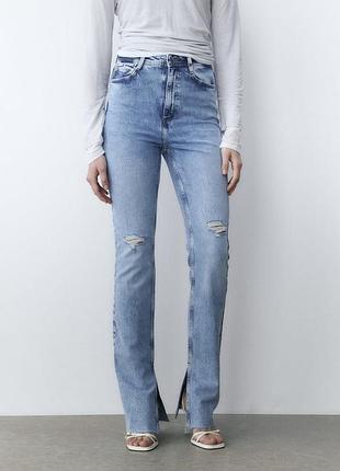 Шикарные джинсы zara 36, s/m, z1975 high rise slim flare, прямые, синие, голубые, на высокой посадке, на талии, рваные, на высокий рост, длинные, клеш
