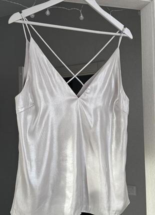 Топ шовковий сріблястий h&m, майка в білизняному стилі, м-l, комбінація, на тонких бретелях, трендовий, стильний шикарний топ, літній, нарядний, блуза