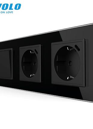 Выключатель универсальный с двумя розетками usb type-c 18вт для дома черный стекло livolo rem-778