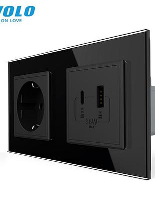 Розетка с usb-a и usb-c power delivery 36w настенная стекло 2 поста черная livolo rem-1626