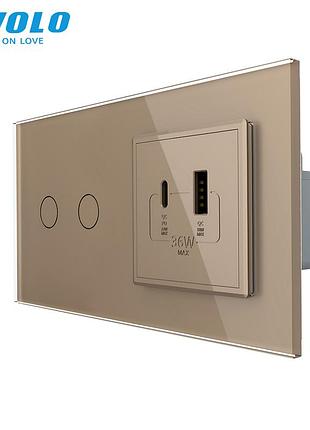 Сенсорний подвійний вимикач з usb type-a і usb type-c 36 вт для дому золотого скла livolo rem-1084