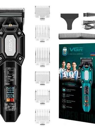Машинка для подстригания аккумулятор (clipper) v-600 black, 6 насадок, регулятор высоты, led display, 7000 rpm тм vgr