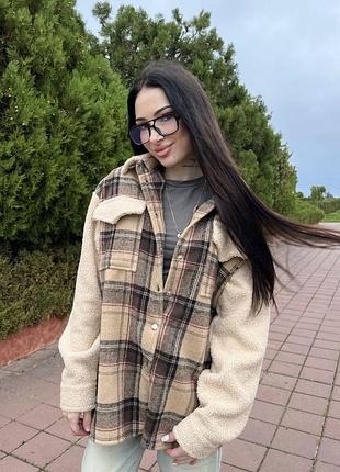 Женская теплая рубашка в клетку тедди
