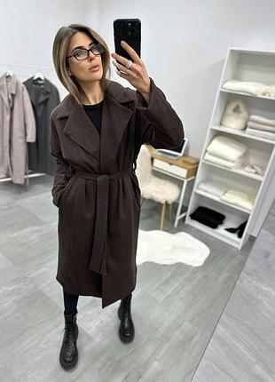 Женское пальто из кашемира ёлочка 48-50, шоколад