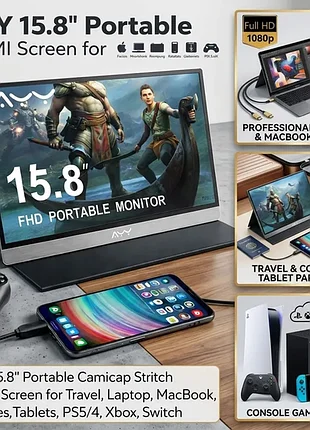 Портативний монітор ayy 15.8" fhd 1080p ips hdr: другий екран для macbook, ноутбука, ps5, xbox, switch + чохол-підставка