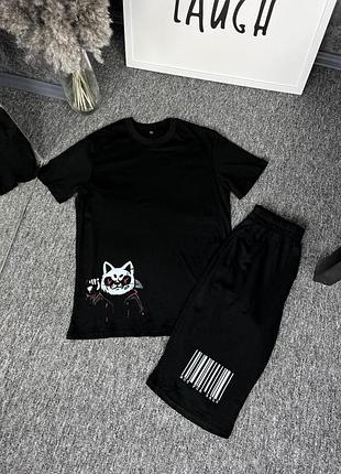 Чорний чоловічий літній костюм з котиком футболка шорти
