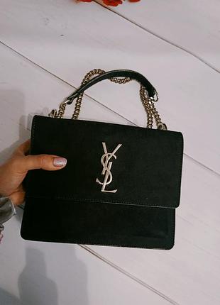 Черная кожаная премиальная сумка клатч женский yves saint laurent