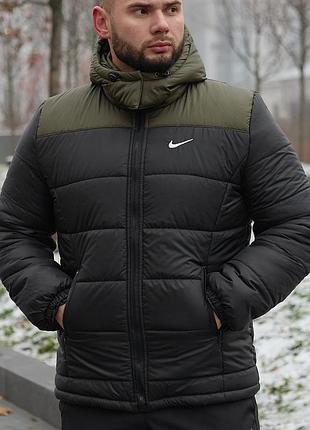 Мужская утепленная куртка на зиму (-20 °c)/ зимняя куртка европейка/ водоотталкивающая курточка хаки + черный