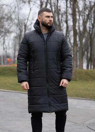 Длинная зимняя куртка пуховик (-20°c)/ черный удлиненный пуховик с капюшоном на зиму/ мужская утепленная курточка на флисе 2xl