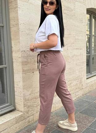 🌹батал большие размеры 🌹 льняные натуральные бриджи зауженные укороченные брюки на высокой посадке с резинкой и карманами