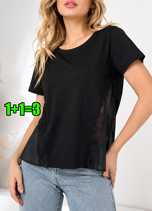 💥1+1=3 черная свободная футболка для беременных с шифоном и кружевом на спинке h&amp;m
