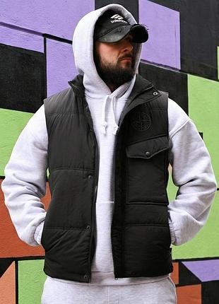 Чоловіча демісезонна жилетка stone island/повсякденна чорна безрукавка на блискавці/ стильна міська жилетка весна-осінь 3xl