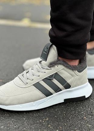 Зимние мужские кроссовки adidas бежевые замшевые с мехом, кроссовки адидас утепленные замша стильные повседневные