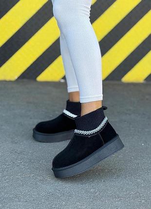 Зимние женские ugg с носком замшевые черные утепленные с мехом стильные угги замша зима