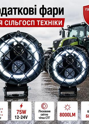 Фары на трактор круглые с защитой решеткой (2шт) 75w чёткая стг! ближний + дальний + дхо 12-24v (14,5х14,5х7,5см)