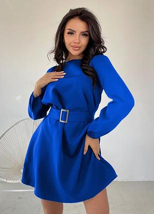 Молодежное свободное платье, трапеция с поясом, синее l