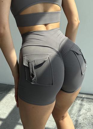 Спортивні жіночі короткі шорти pockets premium з кишенями (ефект пуш-ап) для фітнесу та pole dance сірі m