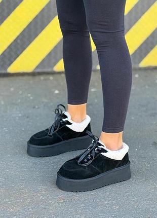 Зимние женские ugg низкие замшевые черные утепленные с мехом стильные угги замша зима