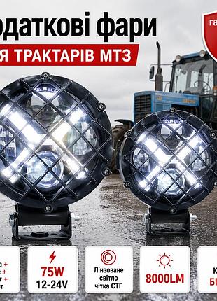 Фары на трактор круглая (2шт) 75w четкий световой предел! ближний + дальний + дхо 12-24v (14,5х14,5х7,5см) с решеткой защищена