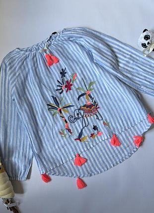🌸🩵 m&s kids блузка в смужку з вишивкою 8–9 років (134 см) 🐘