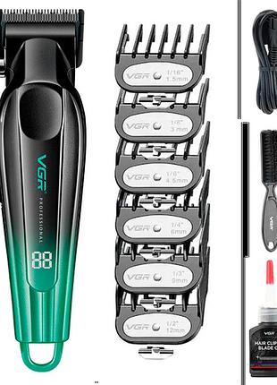 Аккумуляторная машинка для стрижки vgr v-662 green, 7000 rpm, 6 насадок, led дисплей