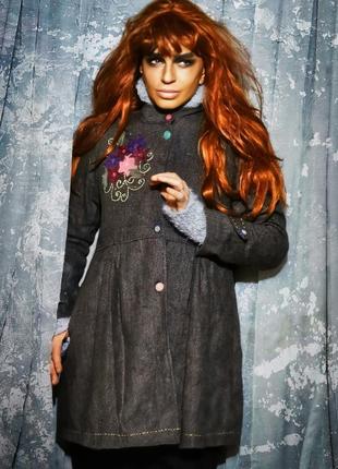 Шерстяное пальто uttam boutique шерсть ёлочка с вышивкой цветы демисезонное в бохо стиле
