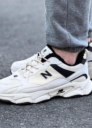 Зимние мужские кроссовки new balance 725 бежевые кожаные с мехом, кроссовки нью баланс зима утепленные стильные повседневные кожа