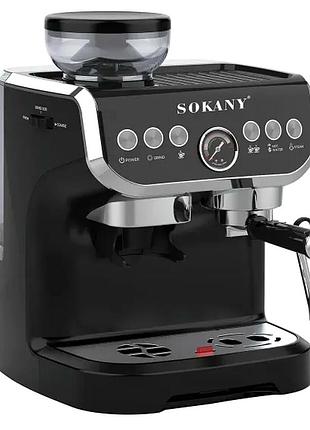 Кофемашина рожковая 1560 вт 2 л с капучинатором и кофемолкой для дома sokany черный ku-136