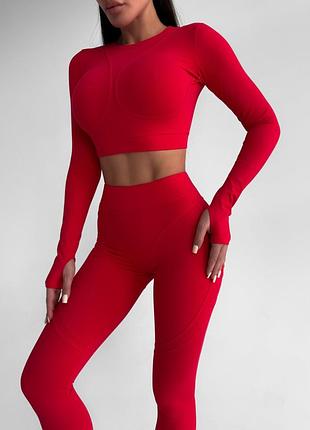 Спортивный женский костюм hot с имитацией белья для фитнеса и йоги (рашгард + леггинсы) c двойным push up однотонный красный