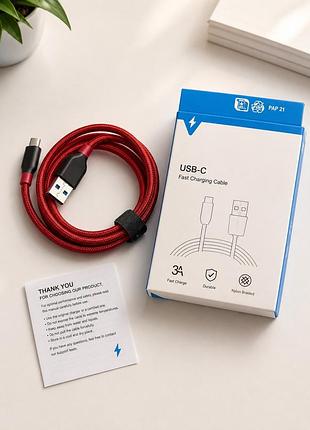 Кабель usb type-c швидка зарядка 3a нейлонове обплетення 1-2 м червоний для смартфонів планшетів та ноутбуків