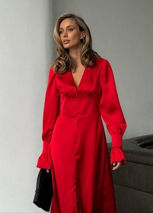Накладний платіж ❤ сатинова святкова сукня міді з довгими рукавами ліхтариками на ґудзиках з декольте