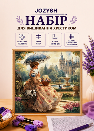 0487 набір для вишивання хрестиком jozysh "елегантна жінка в саду" 40х40 см, 14ct, нанесений малюнок