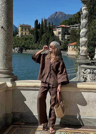 Льняний костюм жіночий вільний повсякденний оверсайз шоколадний мокко демі