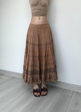 Юбка ted baker коричневая 38 40 m l расклешенная средняя талия посадка хлопок бохо винтаж vintage хиппи с вышивкой макси длинная миди на подкладке